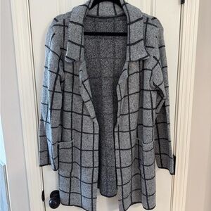 Gray Windowpane Open-Front Cardigan Sweater